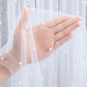 Elegant White Pearl-Embellished Tulle Fabric